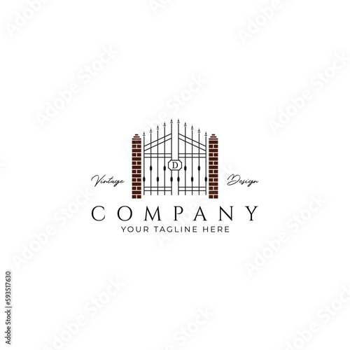 Vintage steel gate line icon logo design vector illustration template