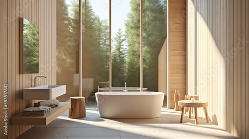 Airy Bathroom with Light Wooden Accents and Soft Pastels © oleksandr.info
