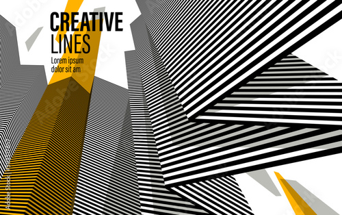 3D black and white lines in perspective with yellow elements abstract vector background, linear perspective pattern op art.