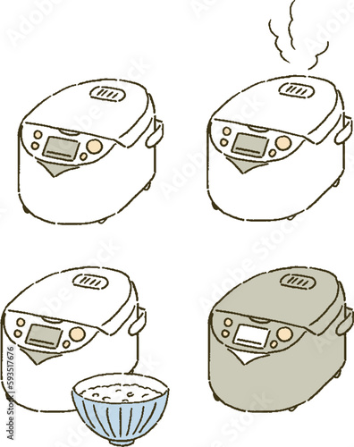 炊飯器と炊いたご飯のイラストレーションセット