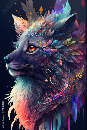 fantasy abstract portrait wolf with a colorful, generative ai