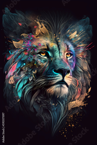 fantasy abstract portrait lion with a colorful, generative ai