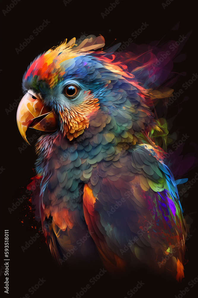 Obraz premium fantasy abstract portrait parrot with a colorful, generative ai