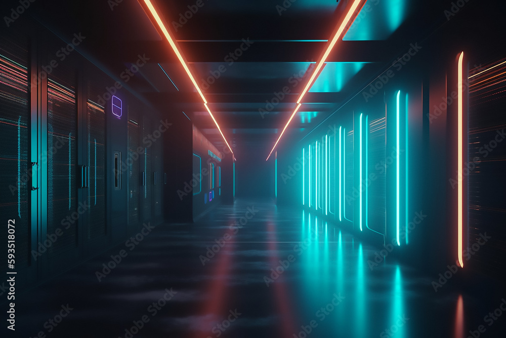 Cloud Technology Server Room, Futuristic, Cyber - a modern IT infrastructure. A secure data center with servers and network cables for data storage and backup. Neon modern style.