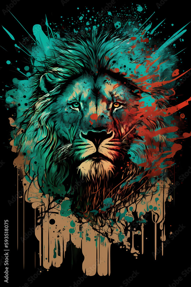 Fototapeta premium Fantasy abstract badass lion portrait painting with a colorful for T-shirt design.