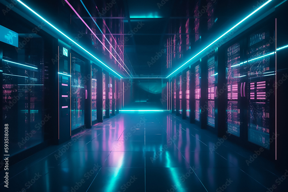 Cloud Technology Server Room, Futuristic, Cyber - a modern IT infrastructure. A secure data center with servers and network cables for data storage and backup. Neon modern style.