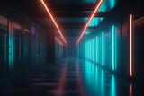 Cloud Technology Server Room, Futuristic, Cyber - a modern IT infrastructure. A secure data center with servers and network cables for data storage and backup. Neon modern style.