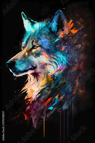 fantasy abstract portrait wolf with a colorful, generative ai