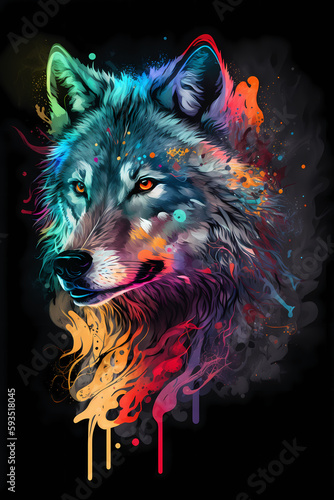 fantasy abstract portrait wolf with a colorful, generative ai
