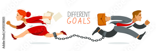 Businessman and businesswoman run in a different directions linked by a shackles to their legs vector illustration, different goals concept, man and woman business competition.