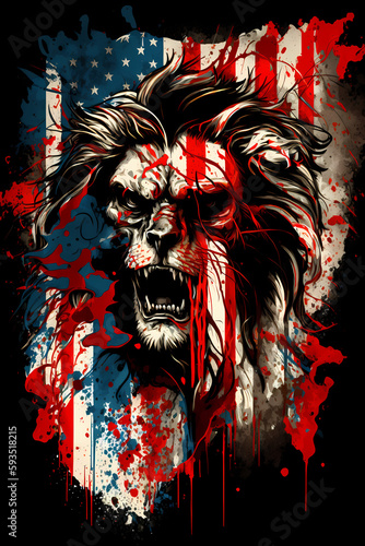 Fantasy abstract badass rabbit portrait painting with USA national flag colorful for T-shirt design.