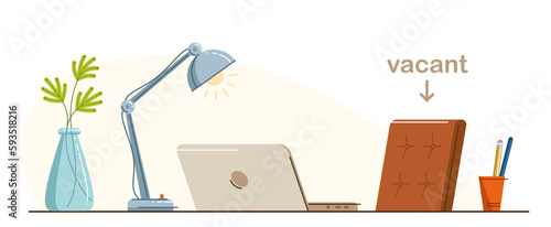 Work desk flat illustration isolated over white, office or home working place vector modern illustration, empty chair nobody vacant job concept, comfortable space for work.