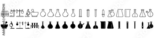 Chemical lab vector icon set. research illustration sign collection. Chemistry and biotechnology symbol.