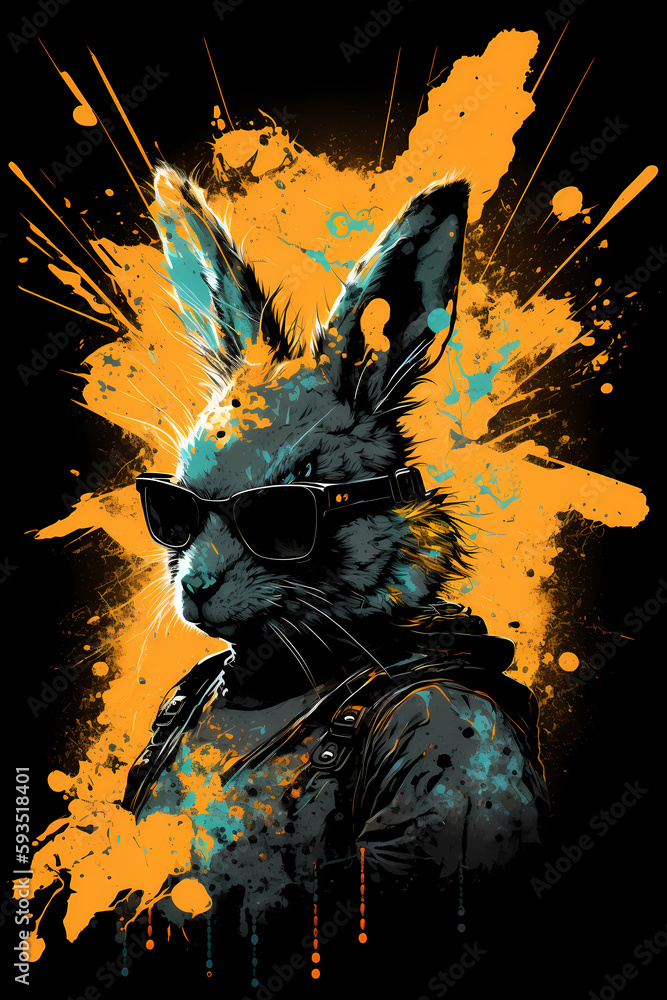 Fantasy abstract badass rabbit portrait painting with a colorful for T-shirt design.