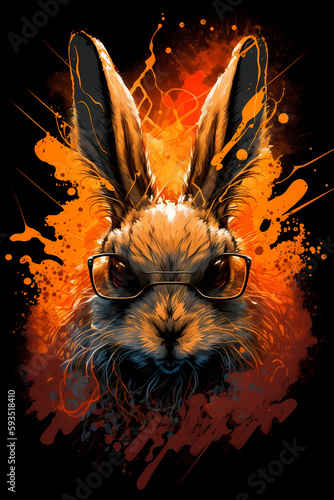 Fantasy abstract badass rabbit portrait painting with a colorful for T-shirt design.