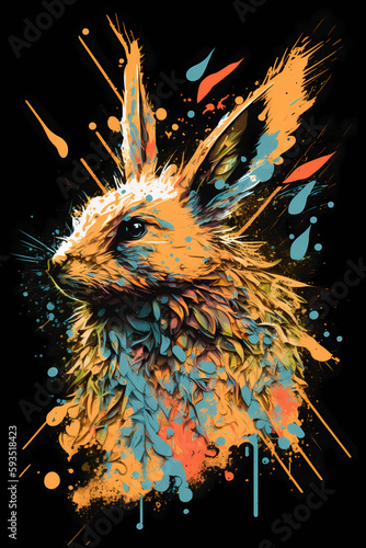Fantasy abstract badass rabbit portrait painting with a colorful for T-shirt design.