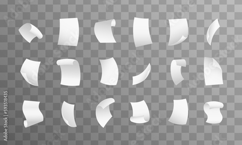 Paper document flying paperwork business wind office. Flying paper sheets. Isolated on transparent background.	