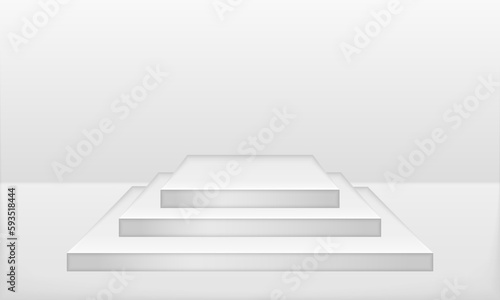 White realistic 3D cylinder steps pedestal podium set with shadow and lighting. Vector abstract studio room with geometric platform design. Gray minimal scene for products showcase  Promotion display.