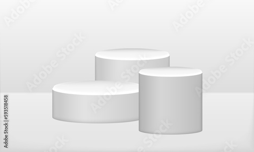 White realistic 3D cylinder steps pedestal podium set with shadow and lighting. Vector abstract studio room with geometric platform design. Gray minimal scene for products showcase, Promotion display.