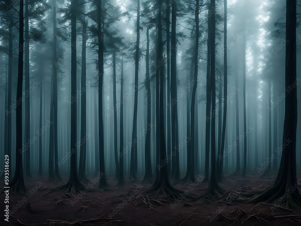 Naklejka premium Dark mysterious forest for scary dark background. Generative ai