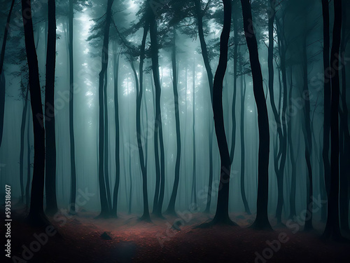 Fotografie, Obraz Dark mysterious forest for scary dark background. Generative ai