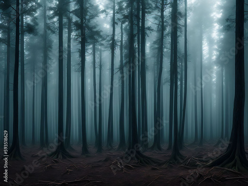 Dark mysterious forest for scary dark background. Generative ai