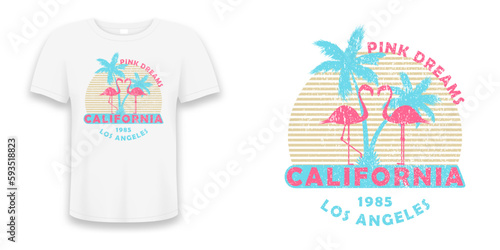 California, Los Angeles t-shirt design with flamingo and palm trees. Graphics for design clothes with grunge and slogan. T shirt print with tropical palm tree and pink flamingo birds. Vector.