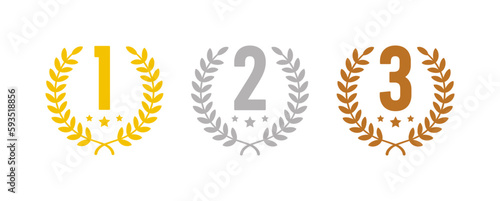 Winning places icons with wreath frame. Award symbol - 1, 2 and 3 place. Golden, silver and bronze laurel wreaths with first, second and third place signs. Vector. photo