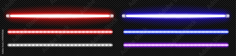 Isolated neon led lamp tube line with blue glow vector on transparent background. Realistic 3d light laser stripe bulb in red and purple color set. Flash lazer shine at night illustration collection.