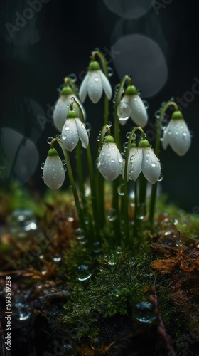A Mesmerizing Snowdrop Flower in a a forrest, thriving on a Mossy Stone after rain. Gen AI