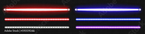Isolated neon led lamp tube line with blue glow vector on transparent background. Realistic 3d light laser stripe bulb in red and purple color set. Flash lazer shine at night illustration collection. photo