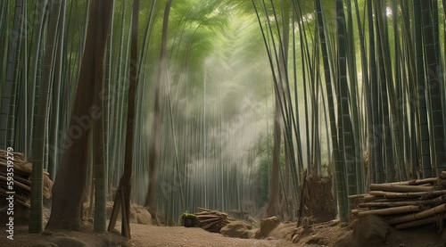 Path through dense bamboo forest, leading to famous Waimoku Falls. Generative Ai. photo