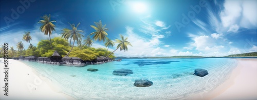 tropical paradise beach with white sand and coco palms travel tourism wide panorama background concept. Generative Ai. © Kowit