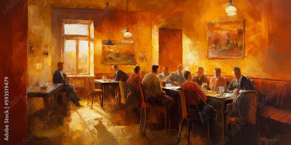 A Warm Evening at the Cafe: An Abstract Painting in Orange Hues