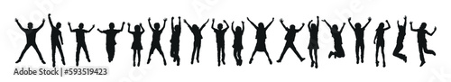 Kids jumping together with hands up vector silhouette set.