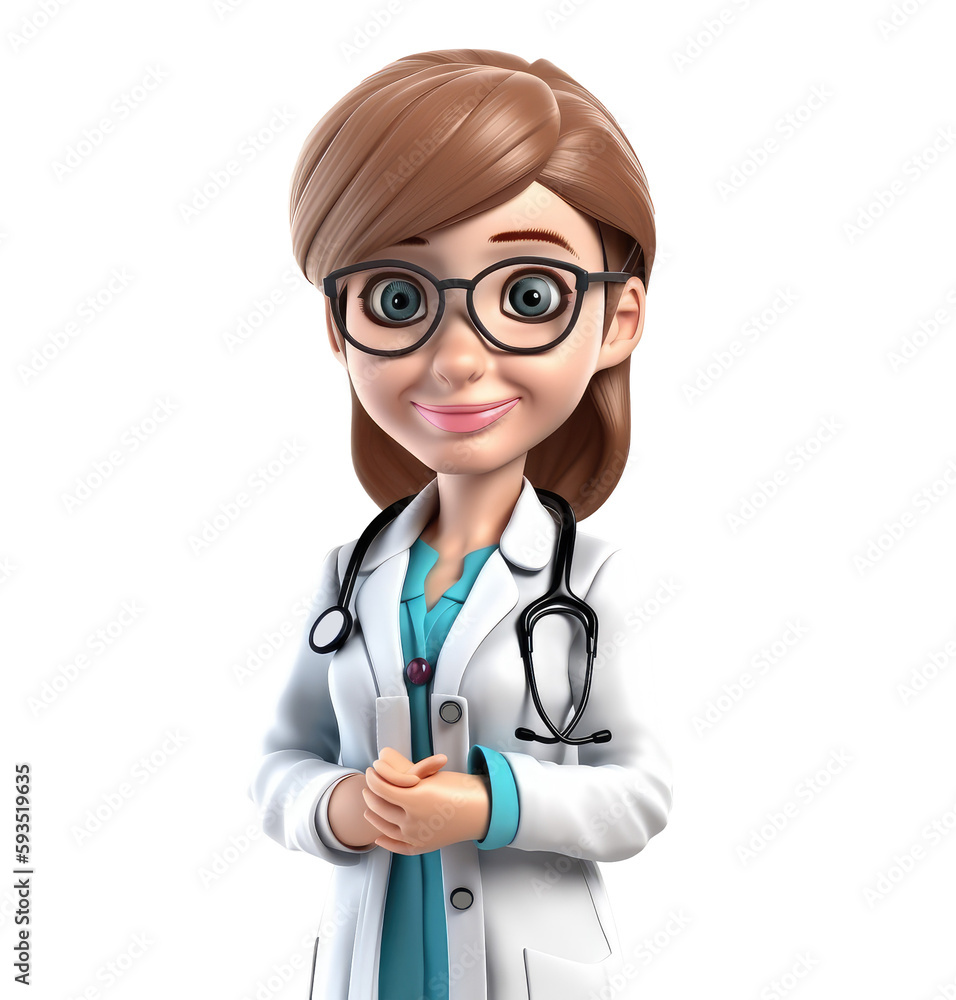 Young smiling woman doctor, medical specialist Medicine concept. Cute 3d icon people character illustration. Cartoon minimal style on isolated transparent background png. Generative ai