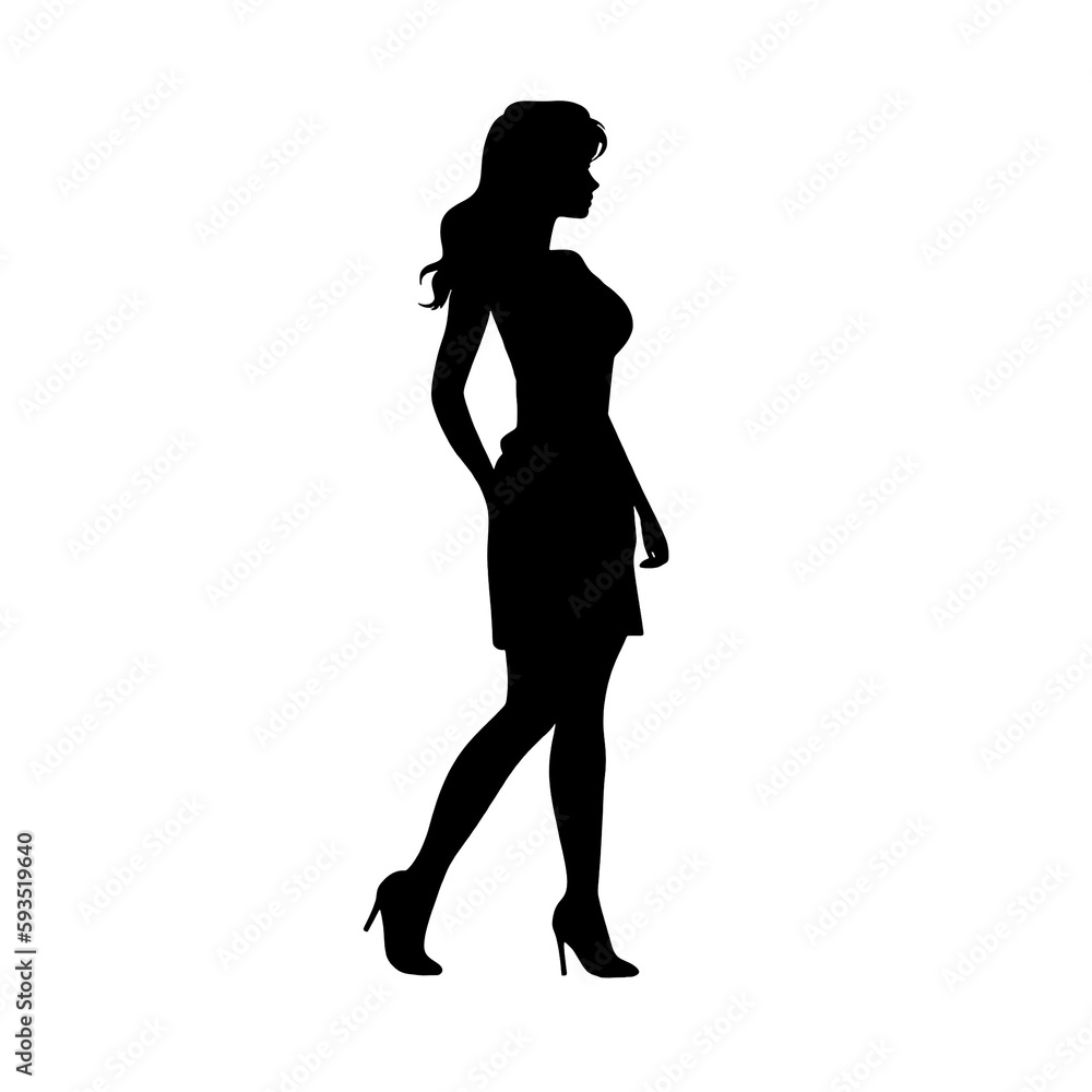 silhouette people of a slim young casual woman full length profile standing, black color isolated on transparent png background Generative ai