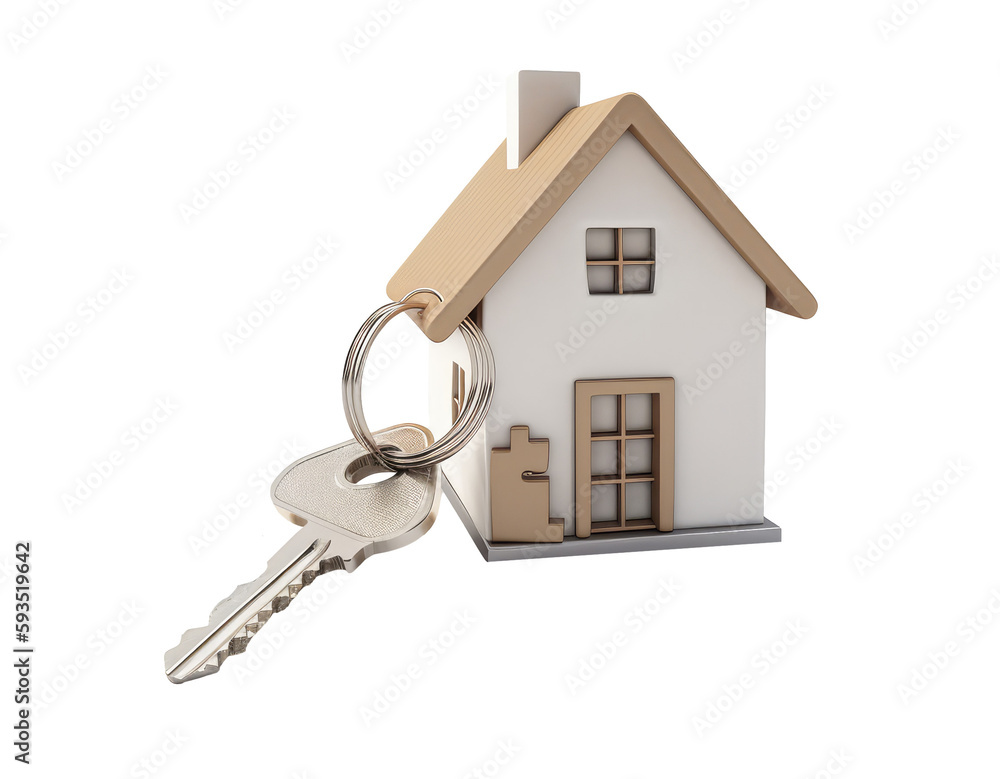 House keys with house shaped keychain, Real estate purchase concept, isolated on transparent png