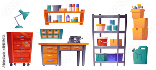 Workshop room interior in garage or basement. Isolated carpentry tool storage on white background. Shelf with equipment and box in engineer storeroom set. Canister and old rack with toolbox collection
