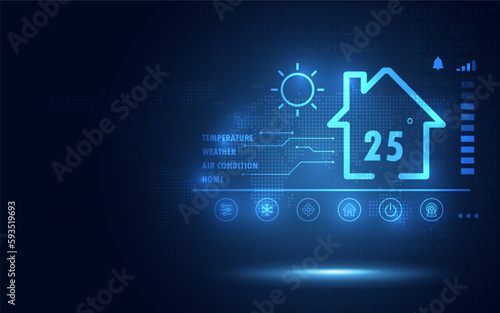 Smart home temperature control futuristic security on blue abstract digital binary code and interface software background. Business technology concept. Future technology theme. Vector illustration.