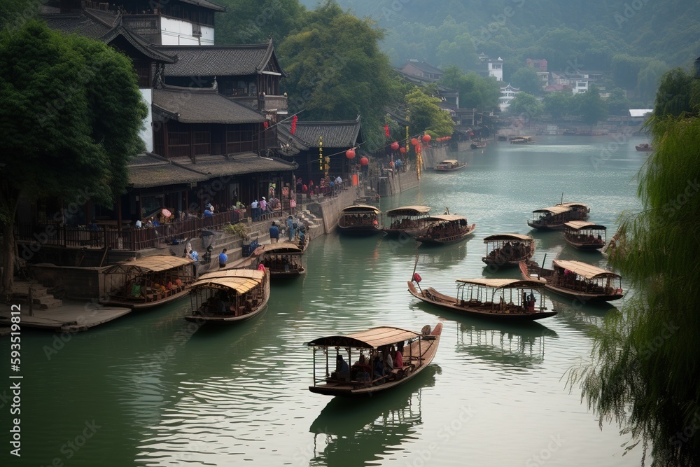 Fototapeta premium Traditional Chinese boats float on the river against the backdrop of nature, green mountains, village. Dragon Boat Festival. Travel Concept, World, China. generative ai.