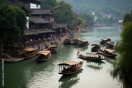 Traditional Chinese boats float on the river against the backdrop of nature, green mountains, village. Dragon Boat Festival. Travel Concept, World, China. generative ai.