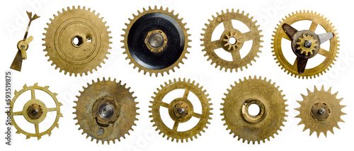 Photos Brass clockwork clock parts - Isolated on white