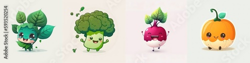 Happy smiling cartoon characters package set  funny cute kawaii vegetables mix stickers personages icons pack collection on color background  healthy organic diet food concept. AI generative.