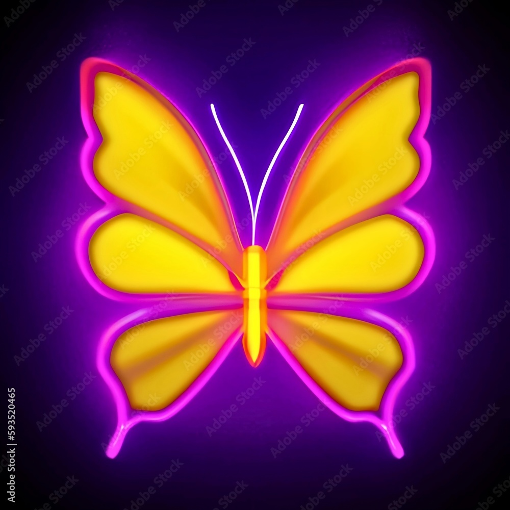 Yello and pink color 3D butterfly art with dark background. Digital art on purple background.