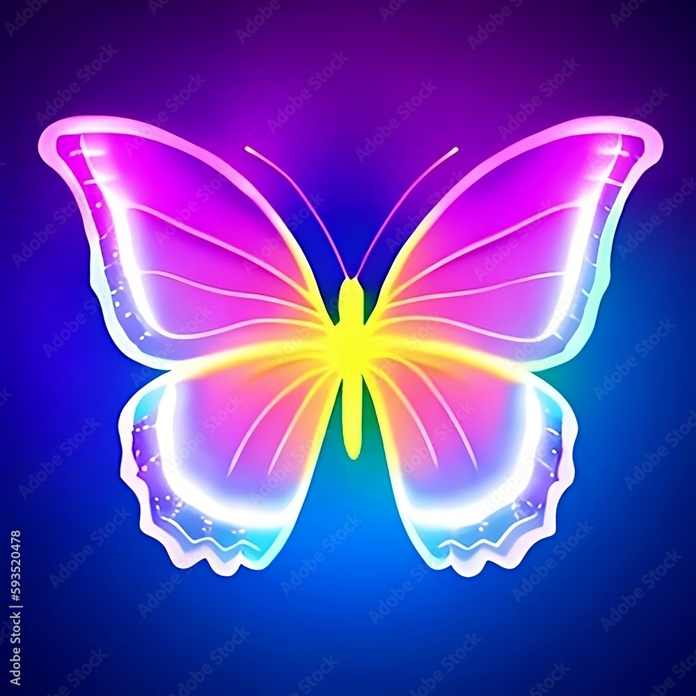 Glowing colorful butterfly with blue gradient background. Neon pink, blue, white and purple lighting futuristic butterfly wings. Glowing colorful butterfly with blue gradient background. Neon pink, blue, white and purple lighting futuristic butterfly wings.