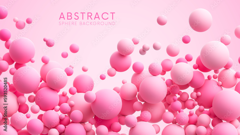 Pink matte soft chaotic balls in different sizes. Abstract composition with pink random flying spheres. Vector background