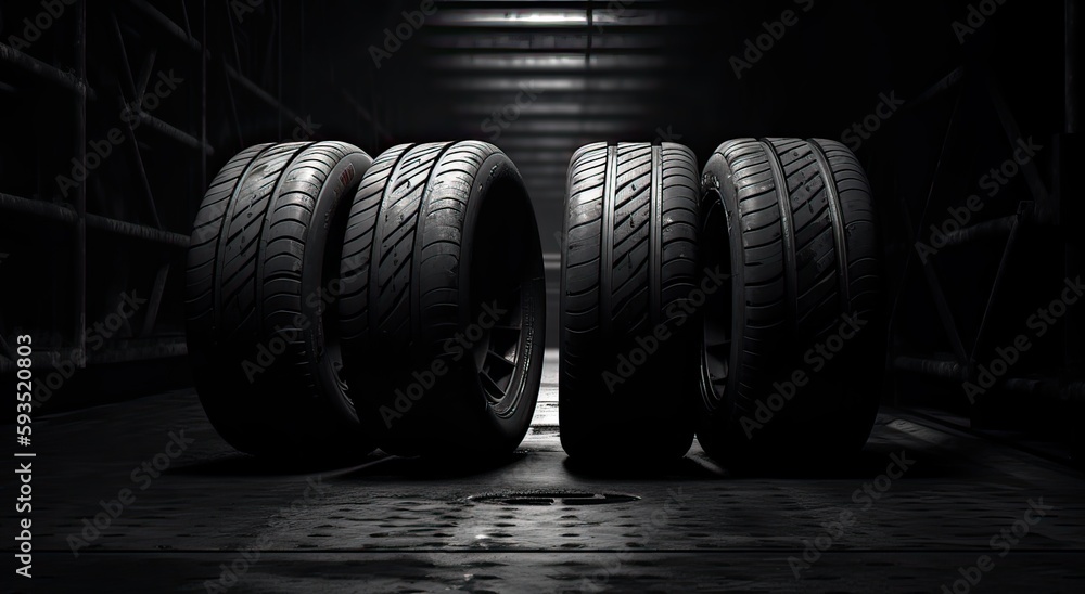 New car tires. Group of road wheels on dark background. Summer Tires with asymmetric tread design. Driving car concept. Generative Ai. New car tires. Group of road wheels on dark background. Summer Tires with asymmetric tread design. Driving car concept. Generative Ai.