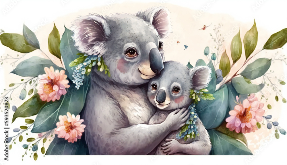 Naklejka premium Süße Koalas Mutter und Kind, Illustration AI Generative