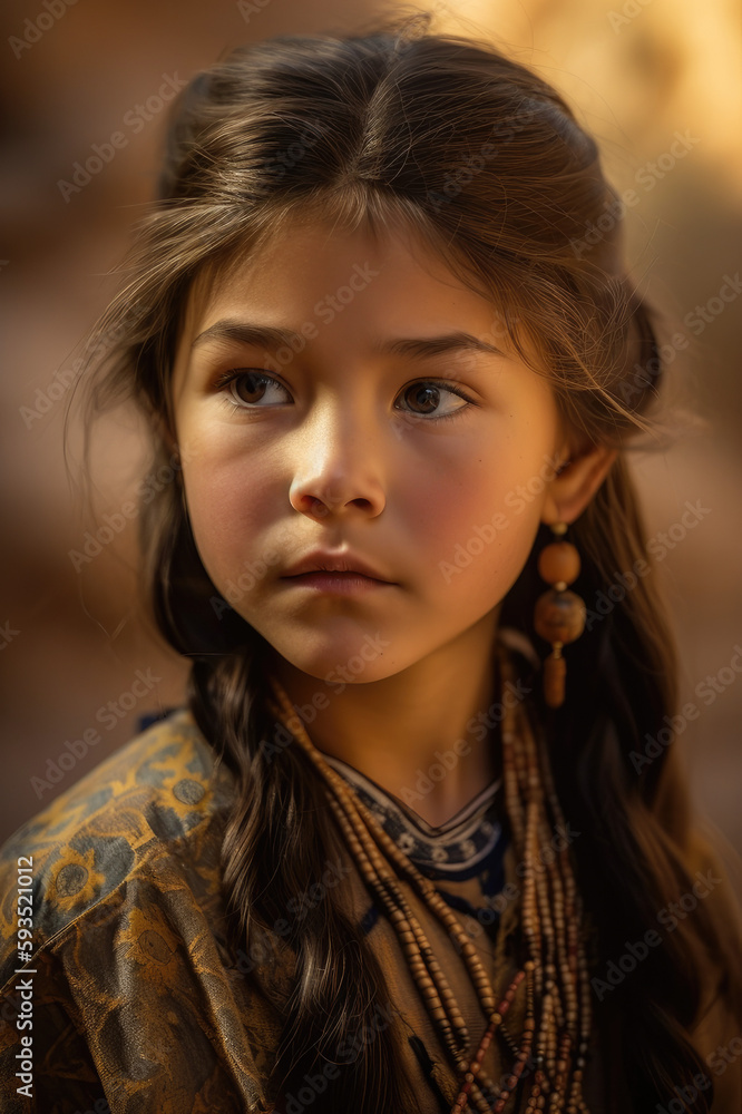 A captivating portrait of a Navajo girl wearing tradition clothing A captivating portrait of a Navajo girl wearing tradition clothing